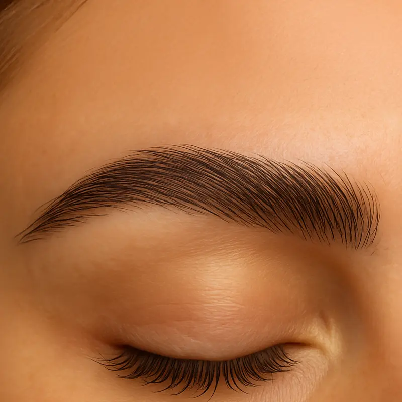 Diseño de cejas con depilación en ojo cerrado, cejas definidas y arqueadas que realzan la armonía del rostro, realizado en Geral Rojas Beauty Studio, Armenia.