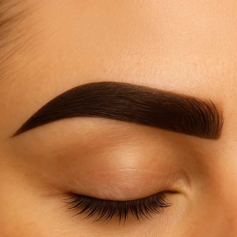 Diseño de cejas con henna en ojo cerrado, cejas definidas con efecto maquillaje y color uniforme, realizado en Geral Rojas Beauty Studio, Armenia.