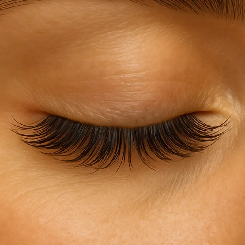 Lifting de pestañas en ojo cerrado, efecto natural y curvatura definida que realza la mirada, realizado en Geral Rojas Beauty Studio, Armenia.