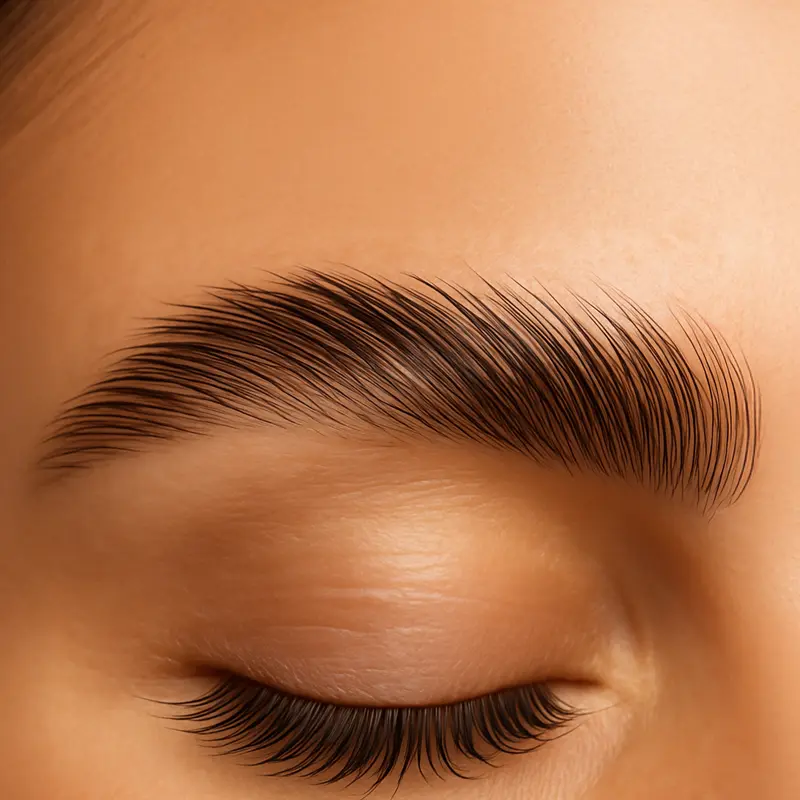 Laminado de cejas en ojo cerrado, cejas peinadas y alineadas con acabado natural y elegante, realizado en Geral Rojas Beauty Studio, Armenia.