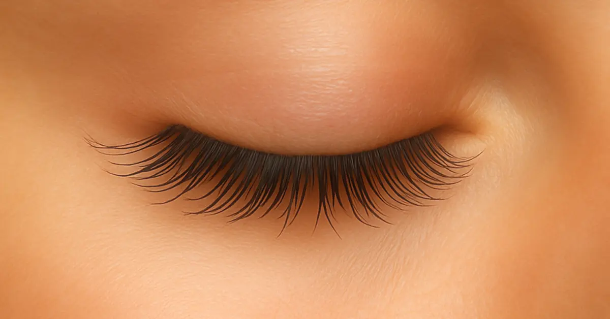 Primer plano de un ojo cerrado mostrando extensiones de pestañas clásicas naturales.